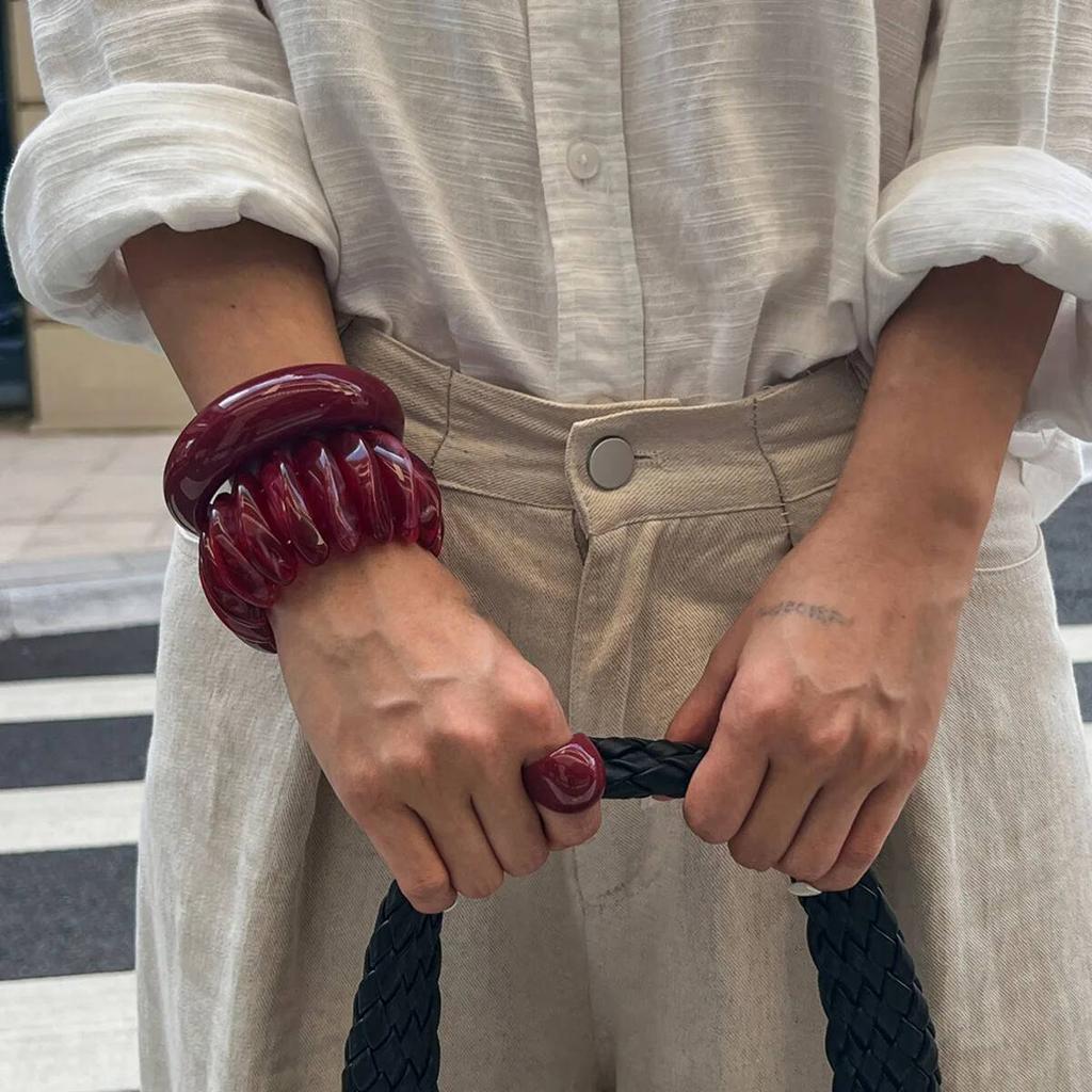 SHIXIN 2 Stili Bracciale Elastico Bangle Resina Acrilica Rosso Vino Retrò per Donne Elegante Rotondo Irregolare Grosso Larga Gioiello Bangle