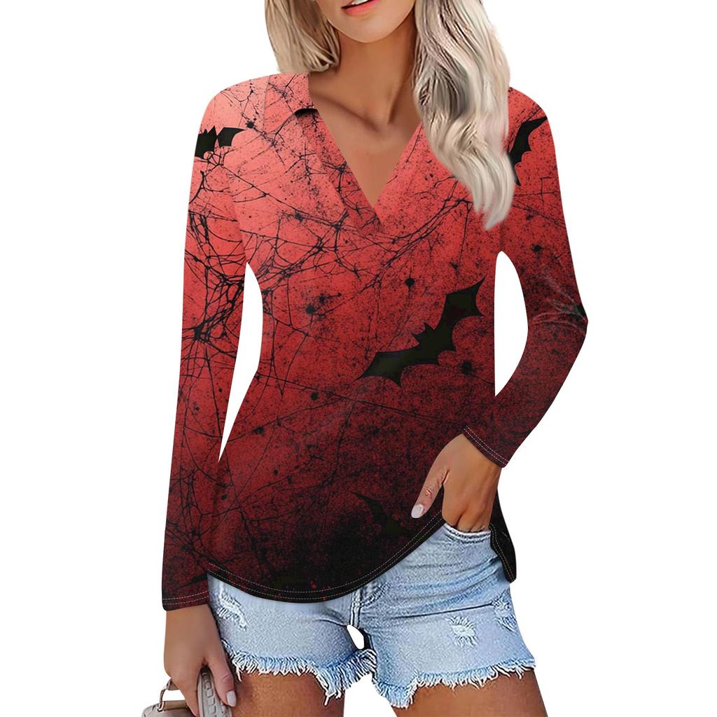 Women's Summer Fashion Casual  Printed V-Neck Long Sleeve Shirt Top