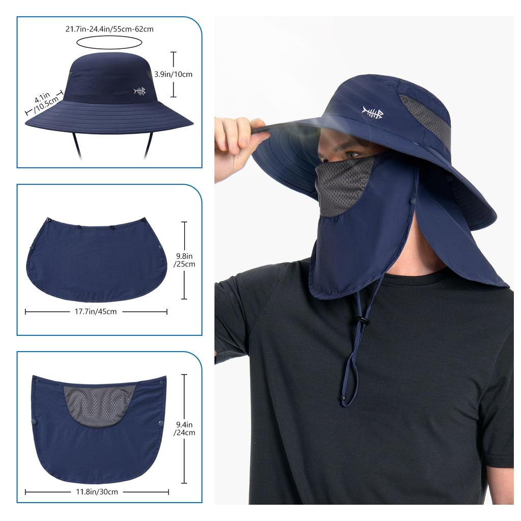Bassdash Foldable Fishing Hat with 360° Sun Protection, 3-Way Protection, UPF 50+ Water-Repellent, Unisex Outdoor Hat (Dark Blue)