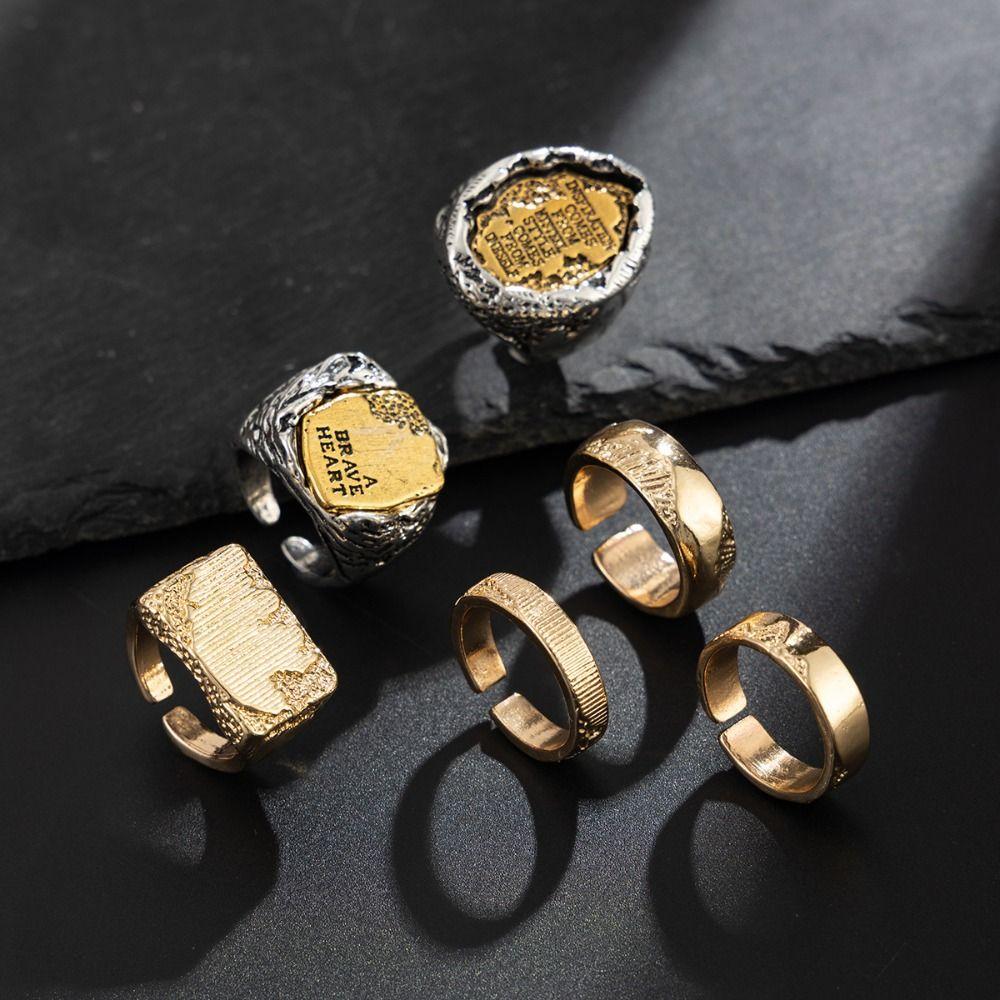 6Pcs/Set Punk Rings Hip-hop Men Rings Retro Geometric Open Rings  Male