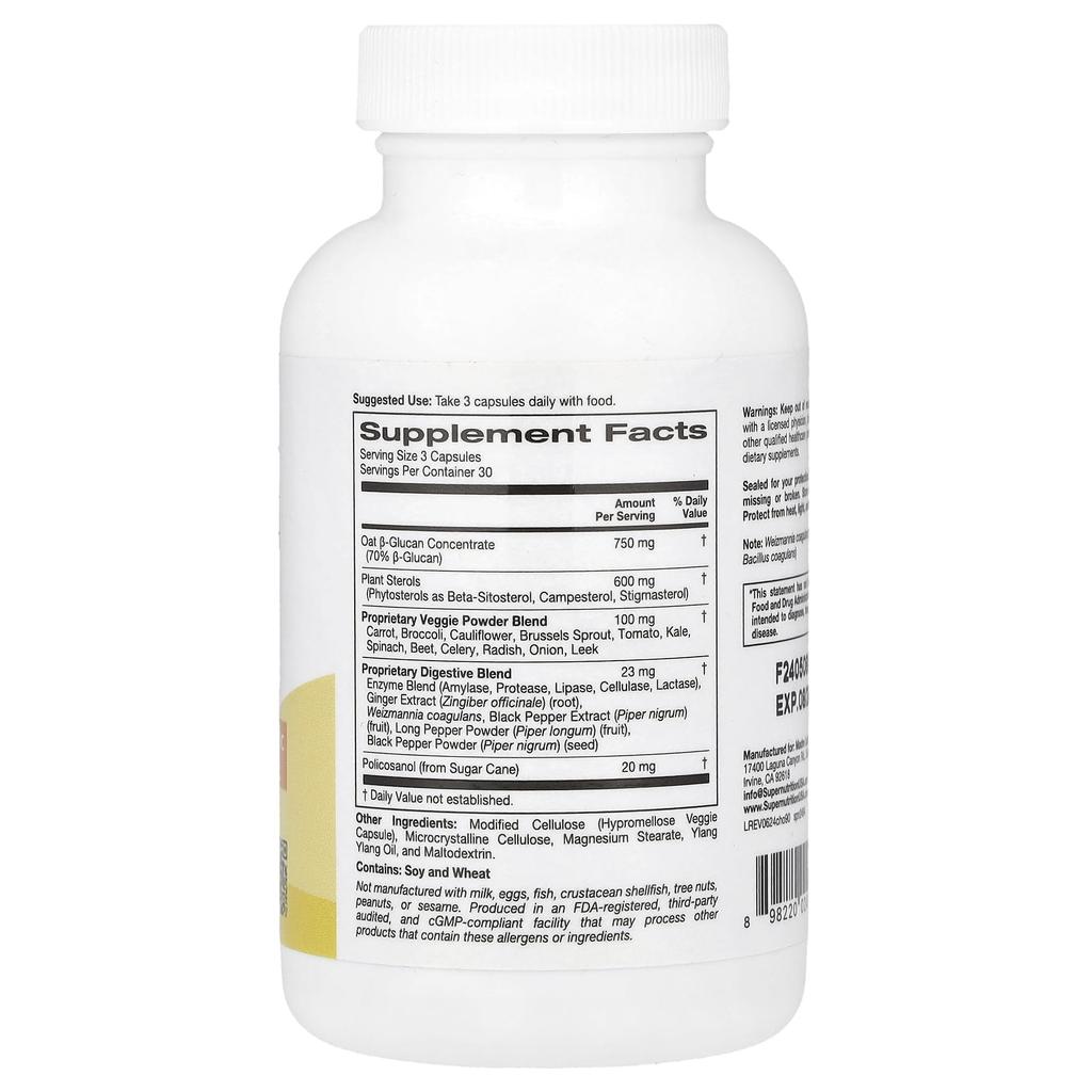Doplněk pro regulaci cholesterolu, Obsahuje koncentrát ovesného SS-glukanu, Rostlinné steroly, 90 vegetariánských kapslí