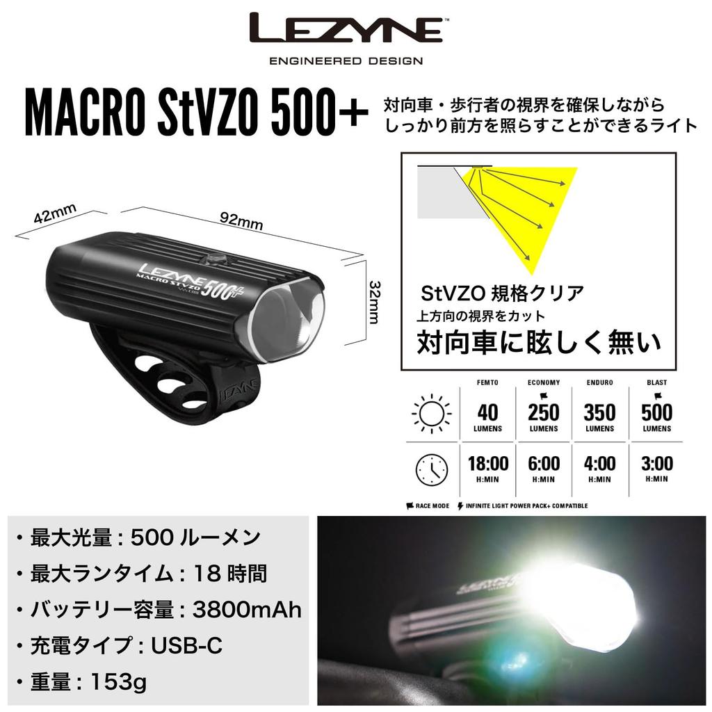 LEZYNE Cycling Front 500 MACRO StVZO Blocks Upward Light to Avoid Dazzling Oncoming Vehicles Japanese Light, Lumens, 500+, Black, [Official Product]