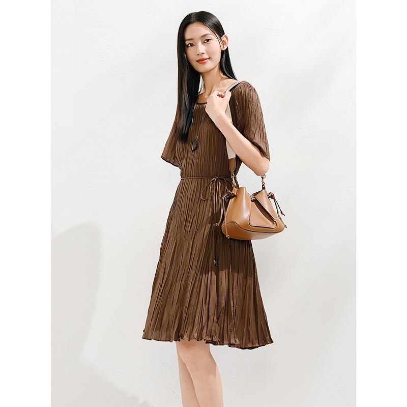 Jiuzi Anna Kou Elegant, Intellectual, Romantic, Folded Texture Chiffon Waist Dress for Women 2025 Summer New Style