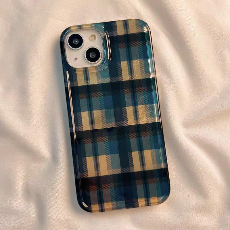 

Vintage Blue & Yellow Checkered Phone Case For iPhone 16 15 14 13 12 11 Pro Max XR XS Max 7 8 Plus 16e Vortex Pattern Back Cover For iPhone 15 Plus