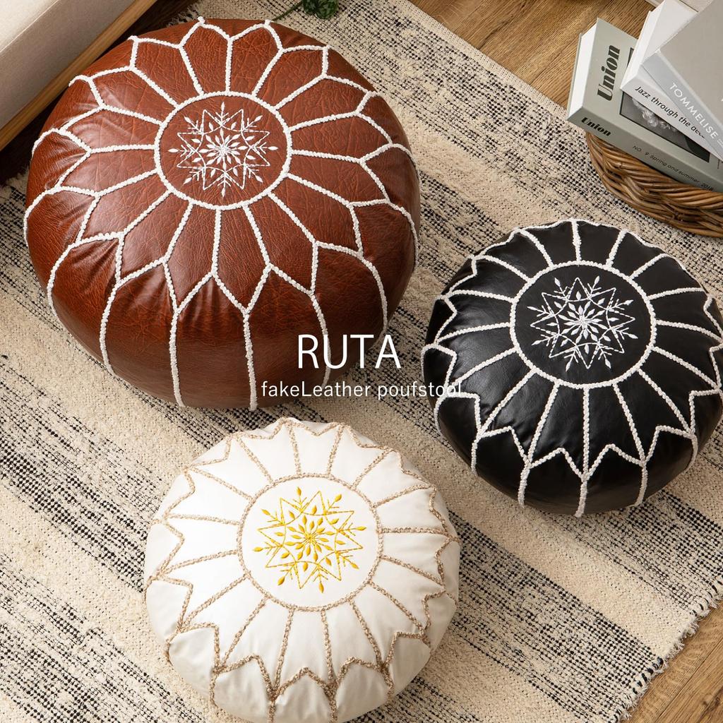 Hagiwara Ruta Pouf Stool Cushion, Brown, Medium, Diameter 40 X 20 Cm, Round, Faux Leather, Moroccan, Instagrammable