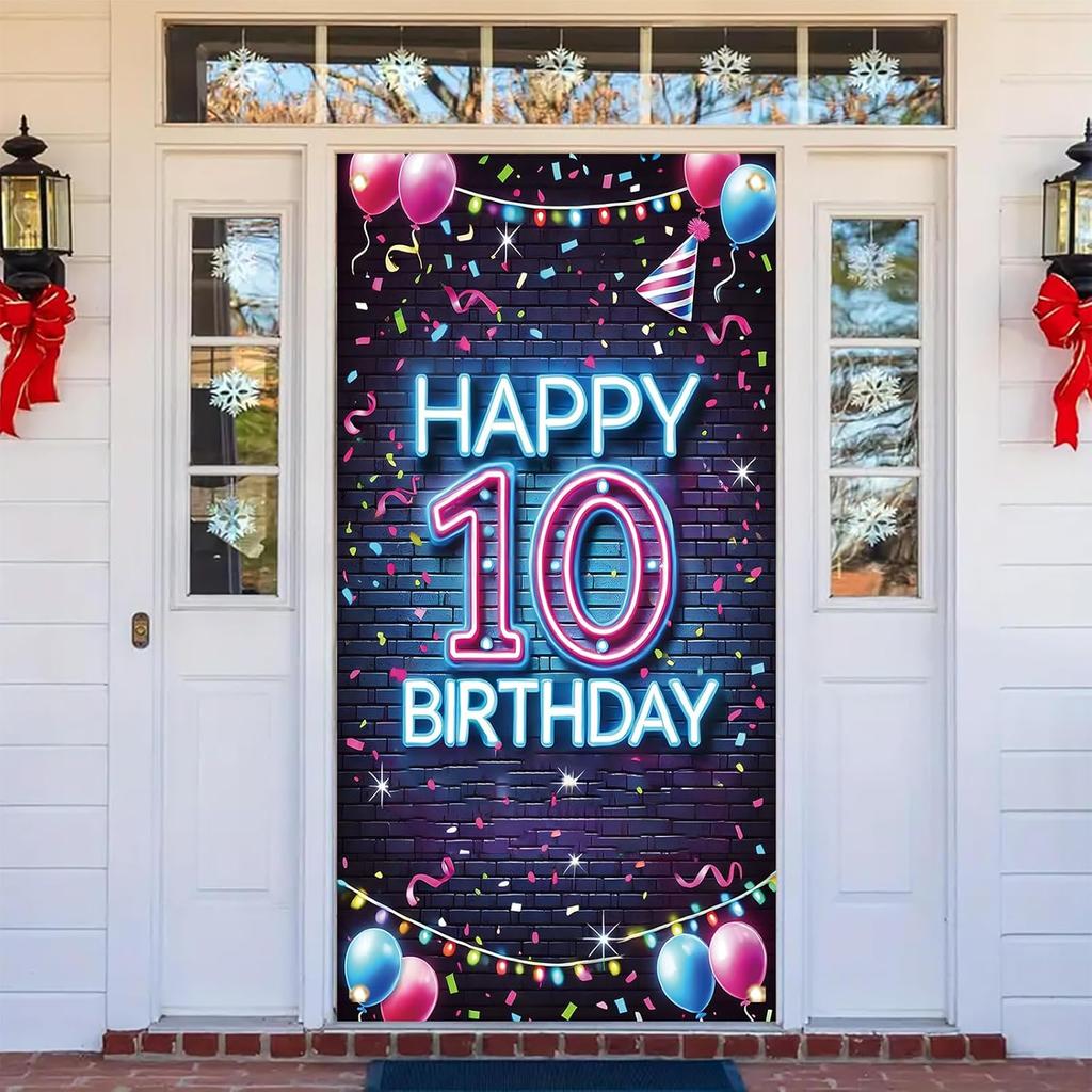 10th Birthday Door Cover Neon Party Decoration Colorful Balloon Gift Banner for Kids Teen Celebration Entrance Boys Girls Photo Booth Backdrop