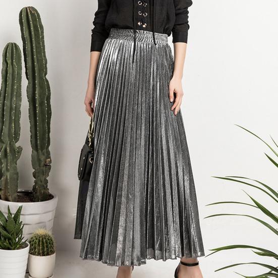 Women Maxi Skirt Elastic High Waist Pleated Golden Long Skirt Slimming Design Spring Summer Skirt Work Leisure Travel Wear