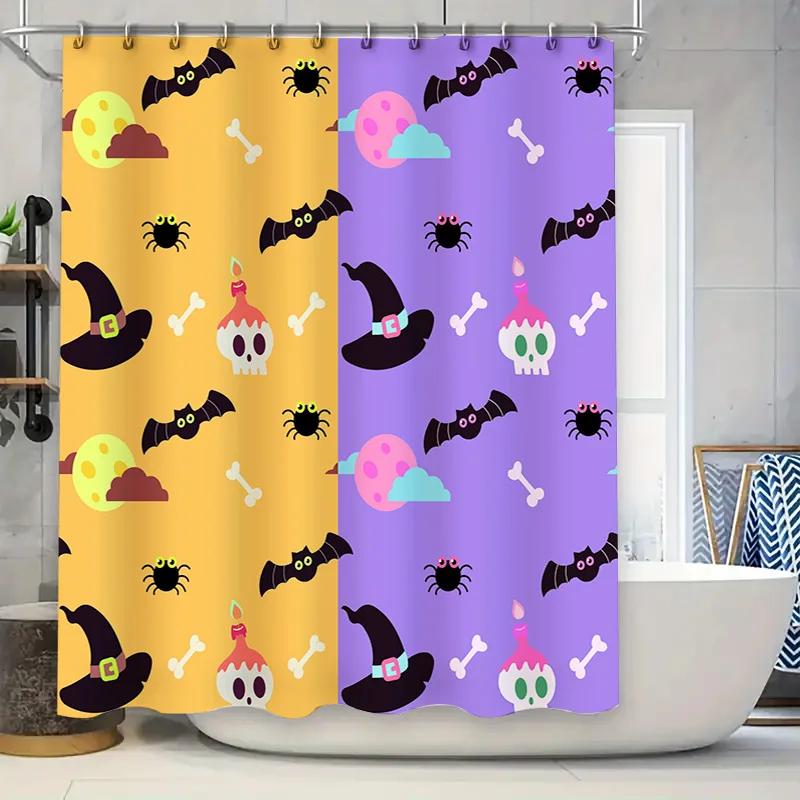 

Hauntingly Cute Halloween Shower Curtain Set with Bat Skull Cupcake Pattern for Kids Bathrooms Purple Yellow Colors Available W90xH180cm