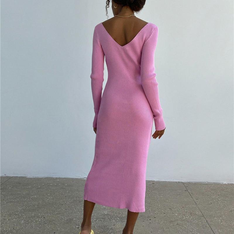 French Style Backless Women Party Dresses 2023 Autumn Vintage V Neck Slim Fit Winter Elegant Female Knitted Long Dress 29295