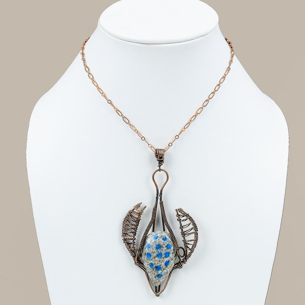 Natural K2 Blue Azurite Gemstone Handmade Copper Wire Wrap Pendant 4.21" N5H12