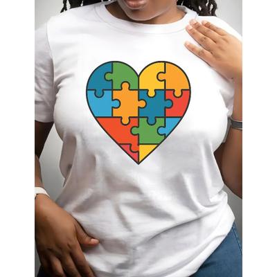 European Size Women's Autism Awareness T-Shirt with Heart Puzzle Piece & "A" for Autism Symbol - Loose Fit Casual Short Sleeve Round Neck Tee