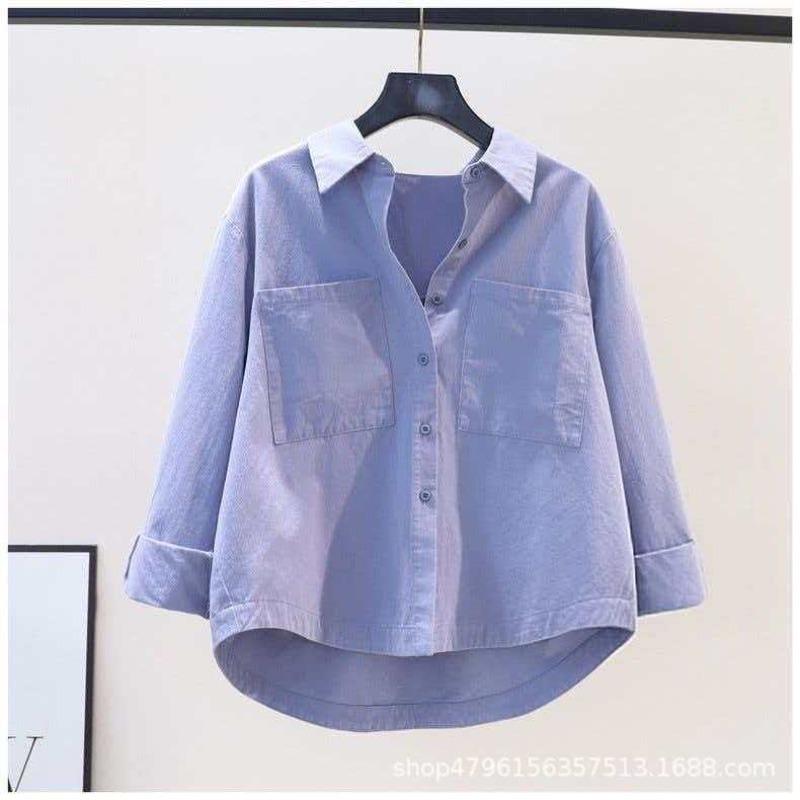 Fresh and Light Blue Cotton Shirt for Women: New Spring/Summer Style Single-Pocket Loose-Fit Shirt
