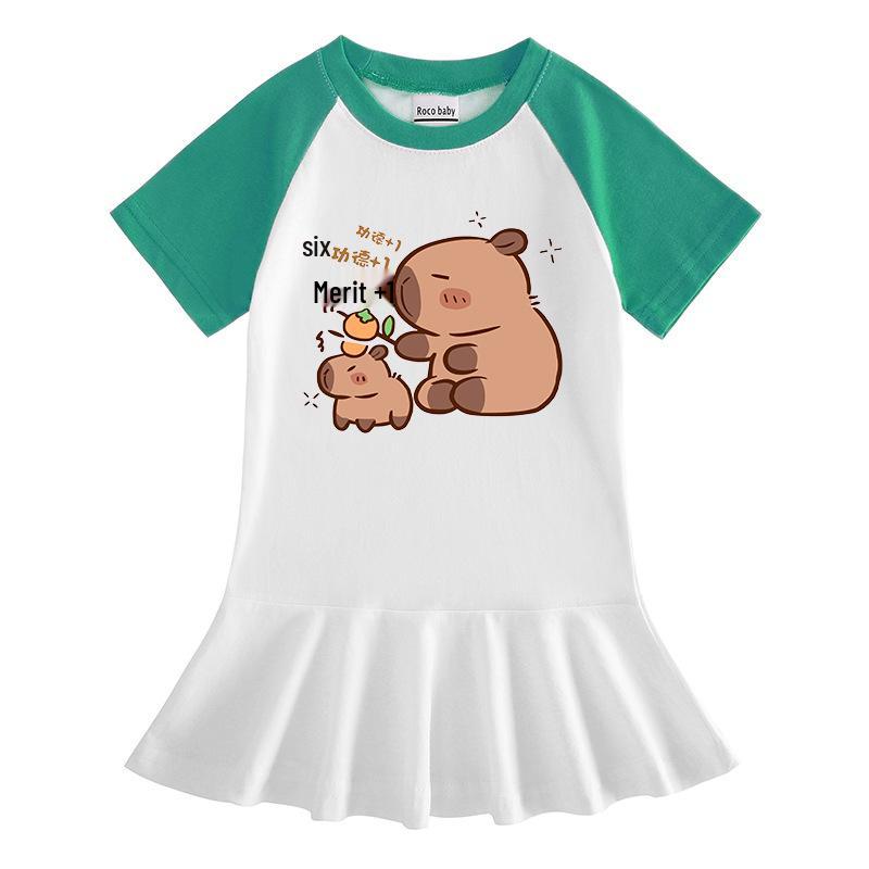 Summer Cartoon Raglan Color-Block Short Sleeve Pleated Dress for Girls