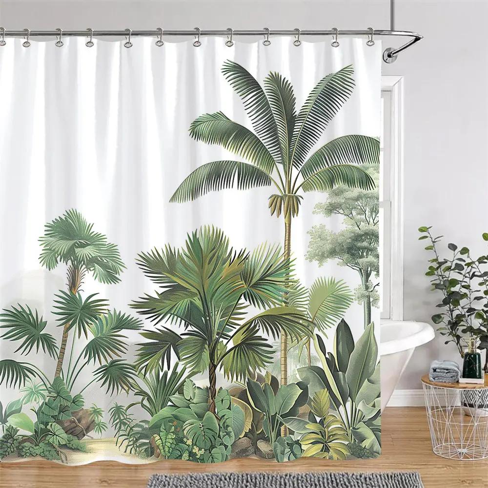 Tropical Botanical Jungle Animal Shower Curtain Coconut Flamingo Giraffe Bluebird Polyester Fabric Shower Curtain Bathroom Decor