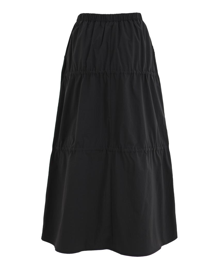 Plasma Sphere Party Shirred Ribbon Cotton Banding Long Tiered Maxi Skirt_Black