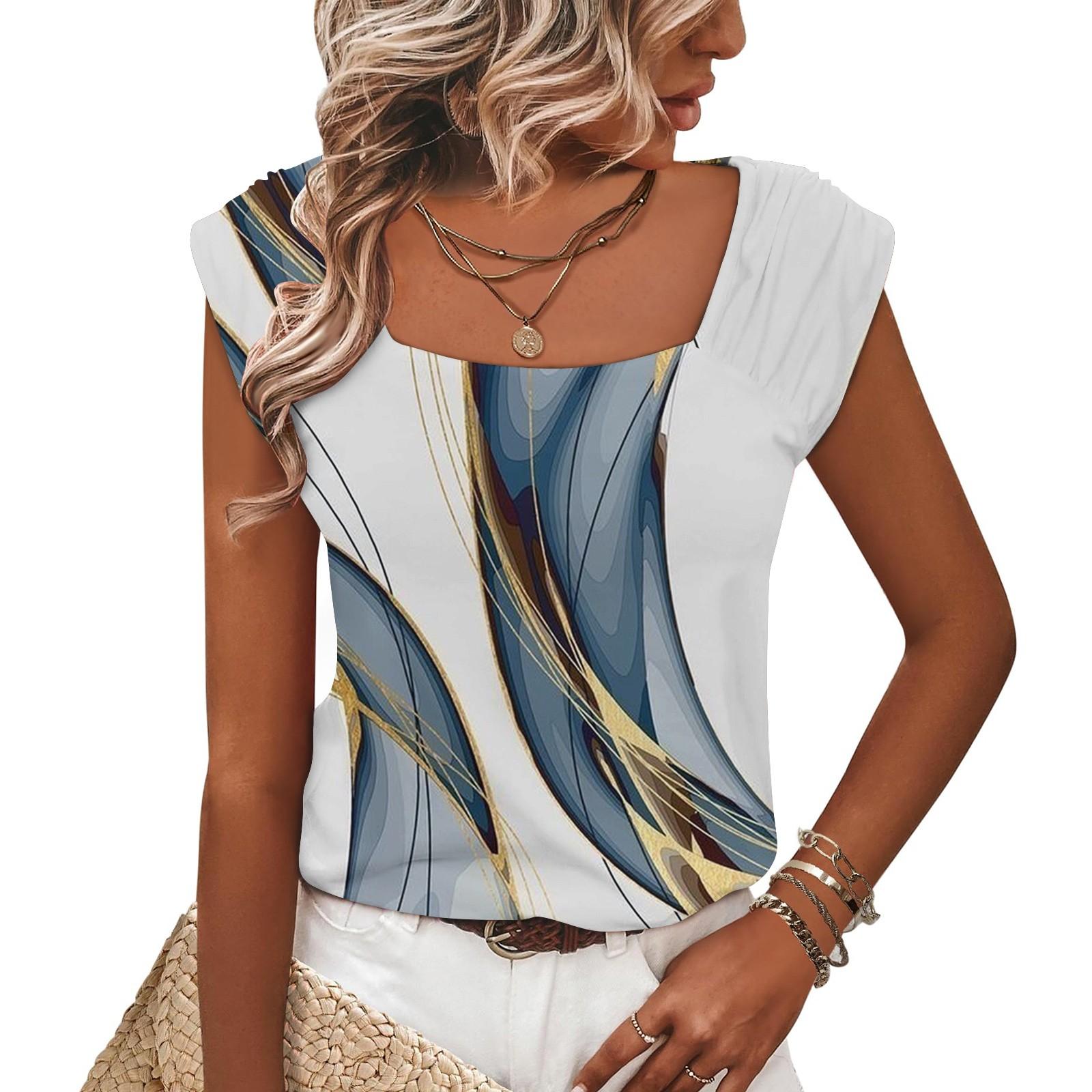 

Женский летний жилет с квадратным вырезом, свободная повседневная рубашка с короткими рукавами и принтом, топ M белый