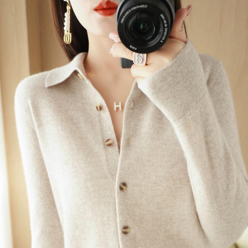 Women's POLO Collar Knitted Cardigan Basic Versatile Top Spun Wool Jacket Elegant Single Breasted Sweater