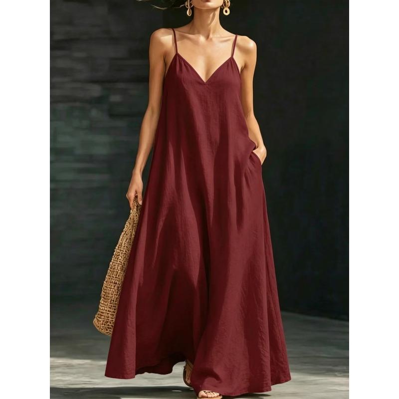 JPNTKY Women's Fashion Summer Spring Solid Color Print V-Neck Sleeveless Casual Dresses