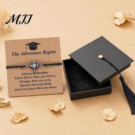 Graduation Bracelet Distance Matching Bracelet, Adjustable Black Rope Braided Compass Pendant for Best Friends Couple Family Women Men Class