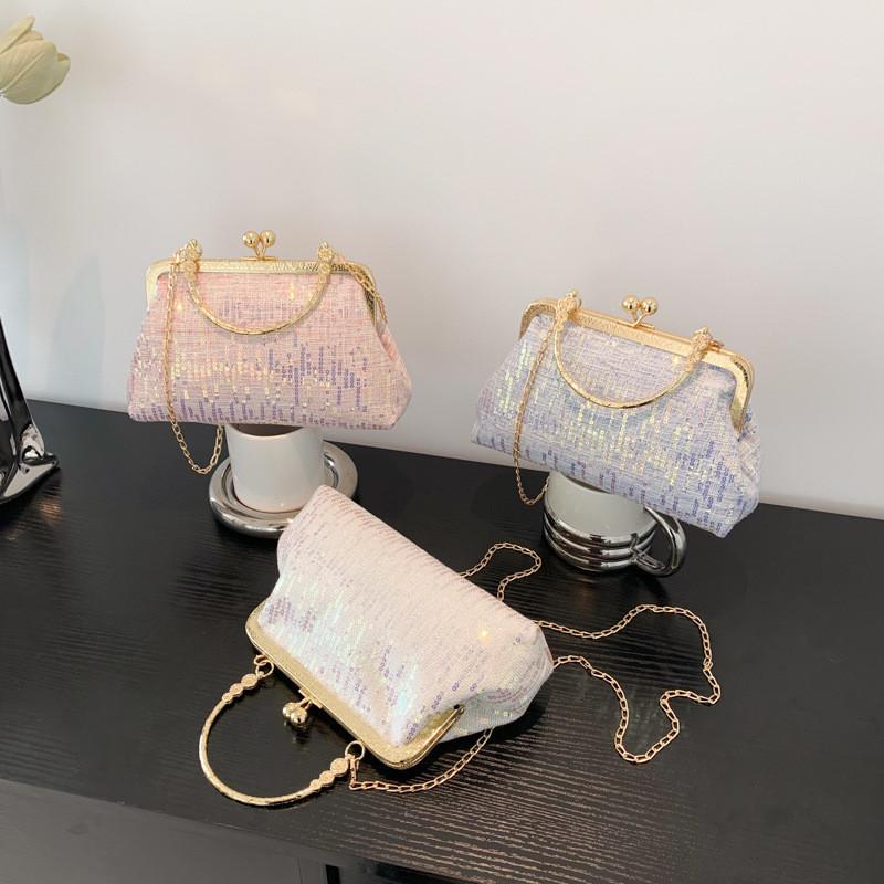 Stylish 2023 Spring New Korean Vintage Sequin Evening Handbag In Pink Purple White