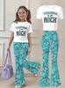 Dziewczęcy komplet 2-częściowy z grafiką 3D: T-shirt z krótkim rękawem i spodnie dzwony. Dziecięcy zestaw casualowy w stylu streetwear