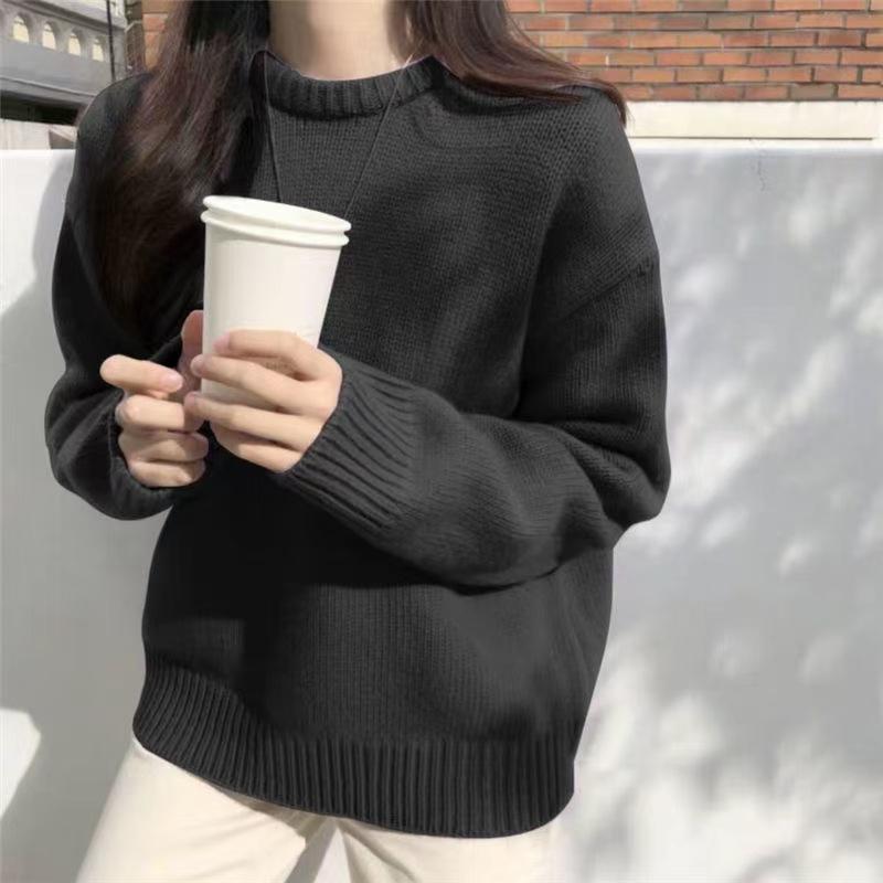 Korean Sweater Women's Loose Knit Sweater Lazy Style Pullover Sweater Round Neck Sweater Autumn and Winter