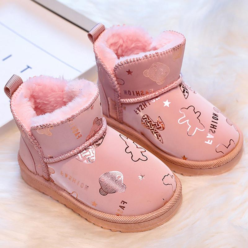 

Принт Зимние Ботинки Мальчики Девочки Теплые Ботинки на Подкладке из Кашемира Нескользящая Уличная Обувь Детские Повседневные Ботинки 19 розовый