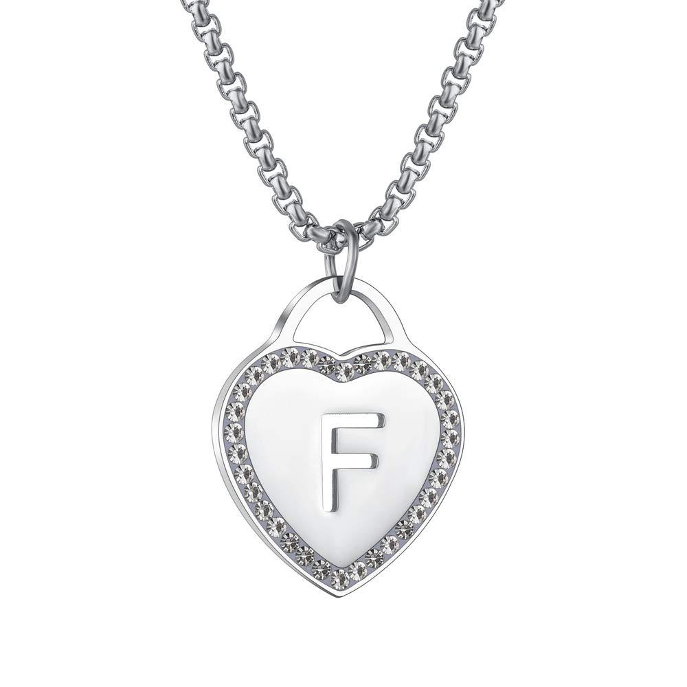Women's Silver Initial Necklace Stainless Steel Love Heart Tiny Letter Necklace Personalized Name Jewelry for Girlfriend Gift 26 Alphabet Letters
