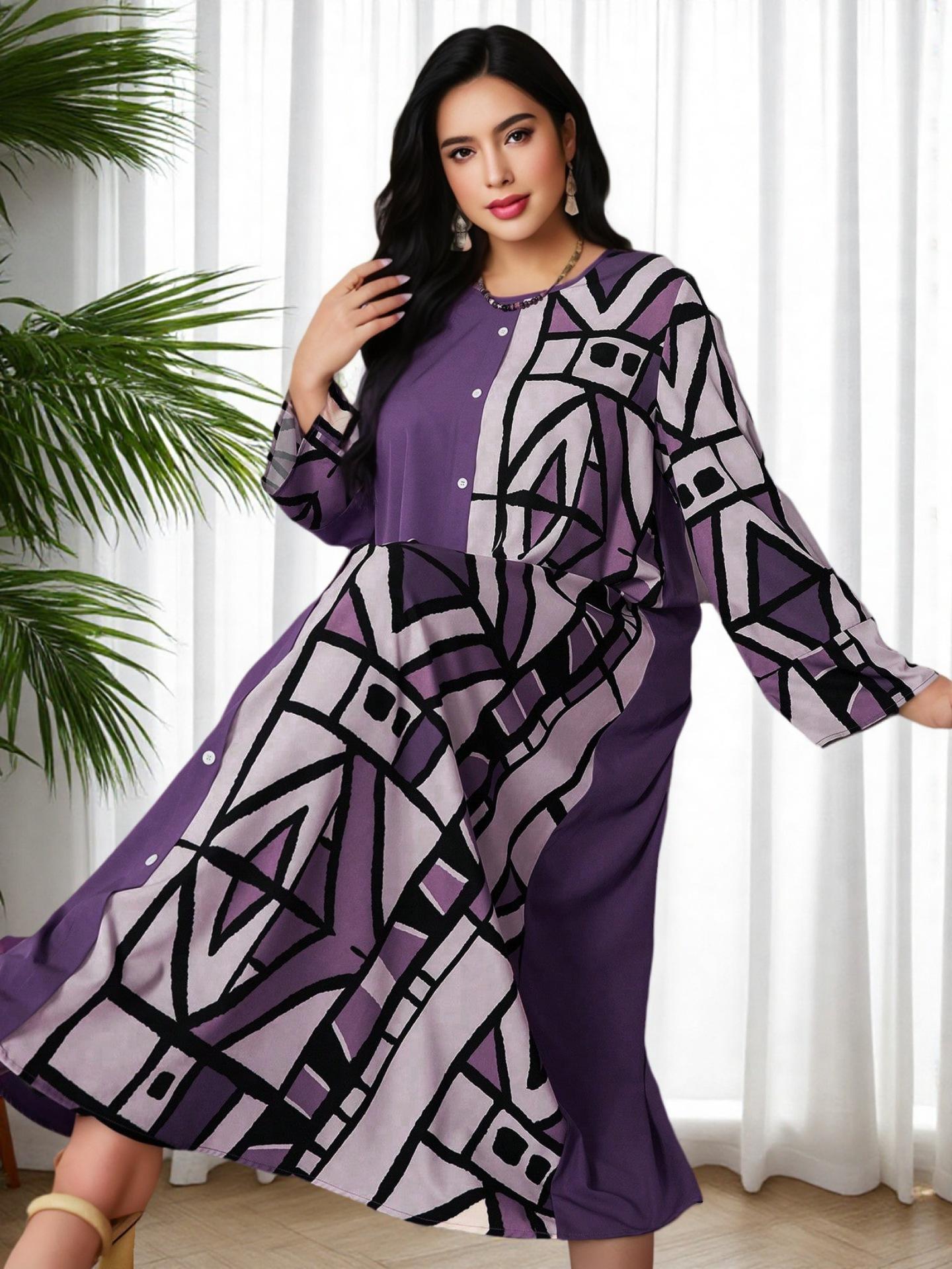 

Middle East Plus Size Geometric Print Loose Elegant Muslim Dress 0XL фіолетовий
