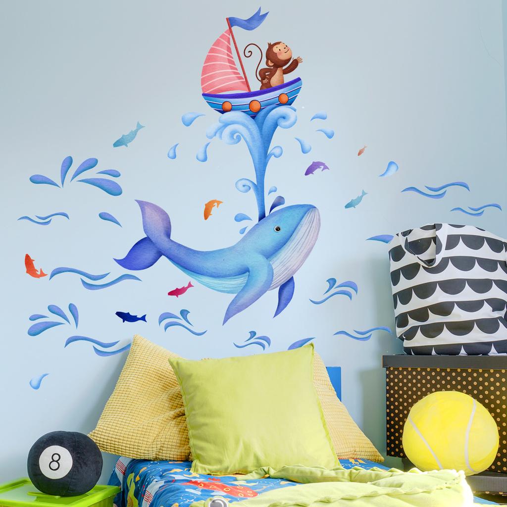 B13503 Unterwasser Wal Affe Segeln Wandaufkleber Wohnzimmer Schlafzimmer Kinderzimmer Hintergrunddekoration Selbstklebender Wandaufkleber
