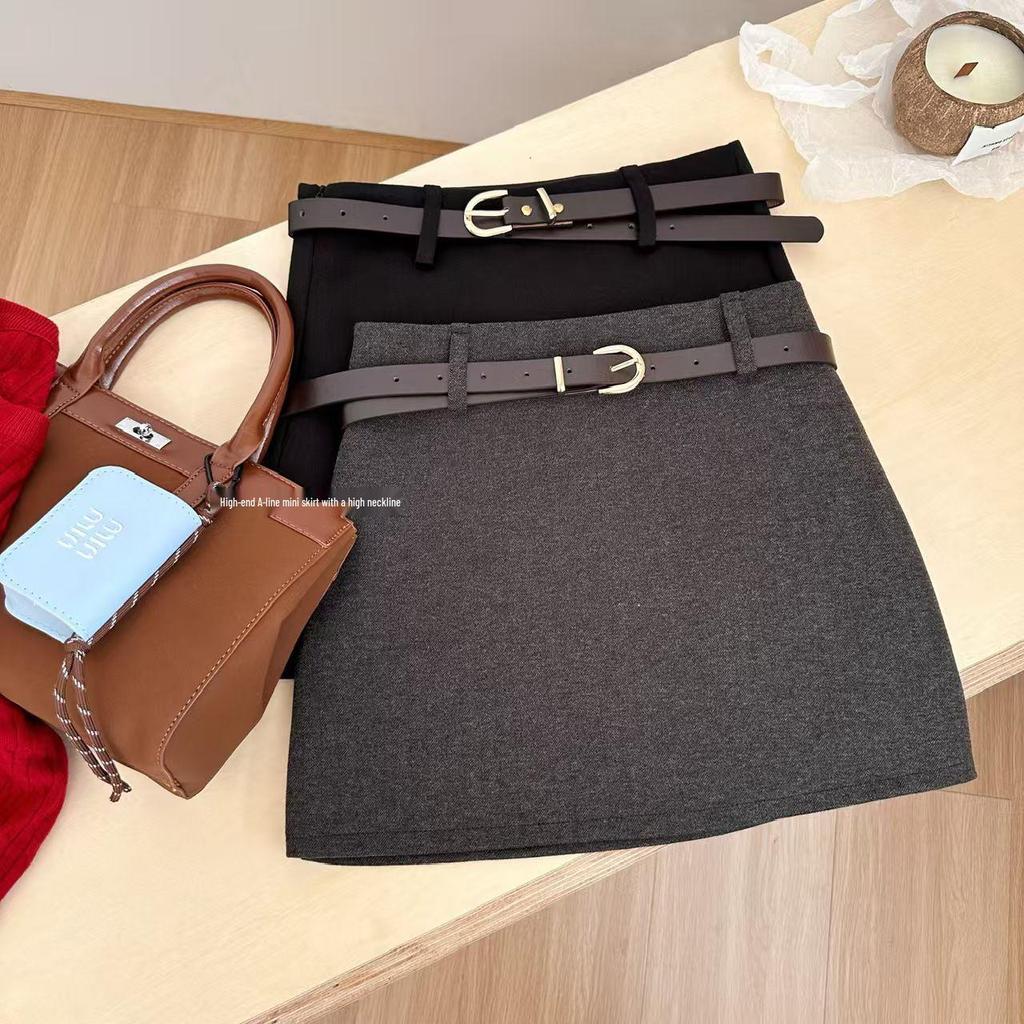 Gray Wool Blend High-Waist A-Line Skirt: Women's Autumn/Winter Slimming, Versatile, Anti-Exposure Design