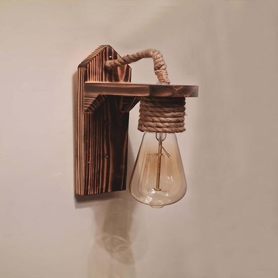 Rope Wall Lamp with Wooden Base Decorative E27 Urban Retro Style with Bulb