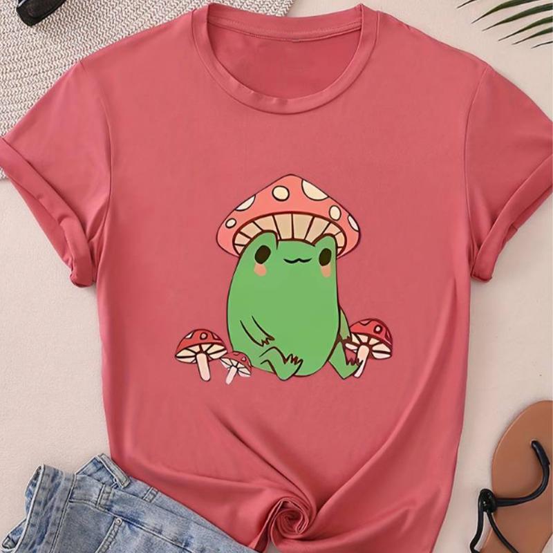 Fashion Women Mushroom Frog Print T Shirt Funny Casual O-neck Short Sleeves T-shirt Summer Female Tee Shirt