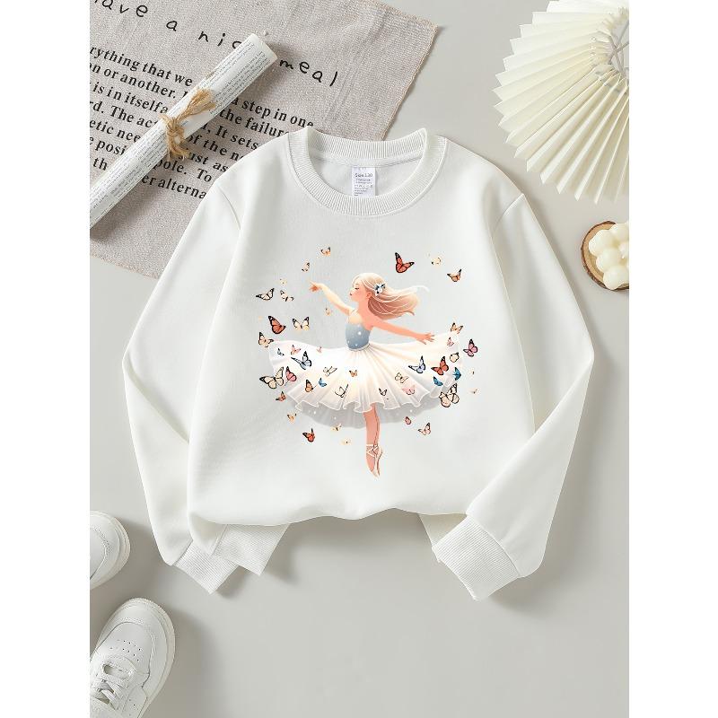 Kids Sweatshirt,Crew Neck Fashion Top, Fun"Butterfly Ballerina Dance " Patterned Sweatshirt, for Everyday Casual Wear, for All Kinds of Daily Outfits