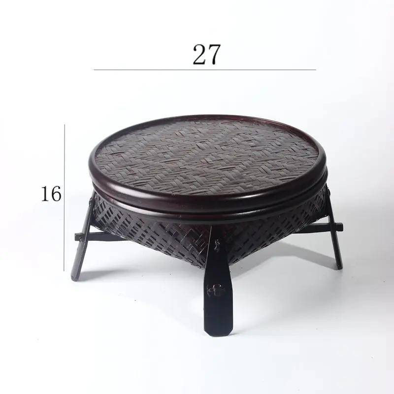 Chinese Style Coffee Table and Thai Style Retro Kung Fu Tea Set with Bamboo Basket with Lid Round Coffee Table for Domestic Use