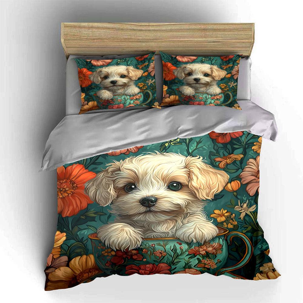 Floral Puppy Decor Set Soft Comfortable Duvet Cover Bedding Set Included 1*Duvet Cover & 2*Pillowcases, Gift