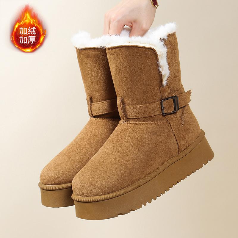Thick-soled two-wearing medium tube snow boots women's winter new fur integrated fluff cotton boots piled and piled cotton shoes
