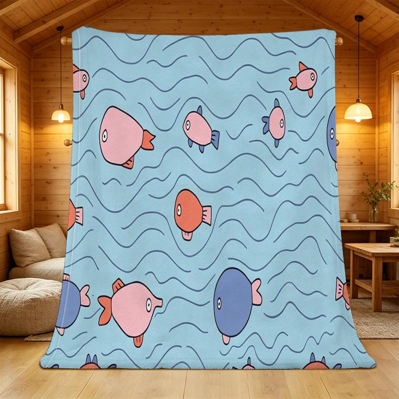 Thick Warm Cartoon Fish Flannel Blanket - Soft Plush Single for Home, Sofa Naps, Guest Room, Halloween & Christmas