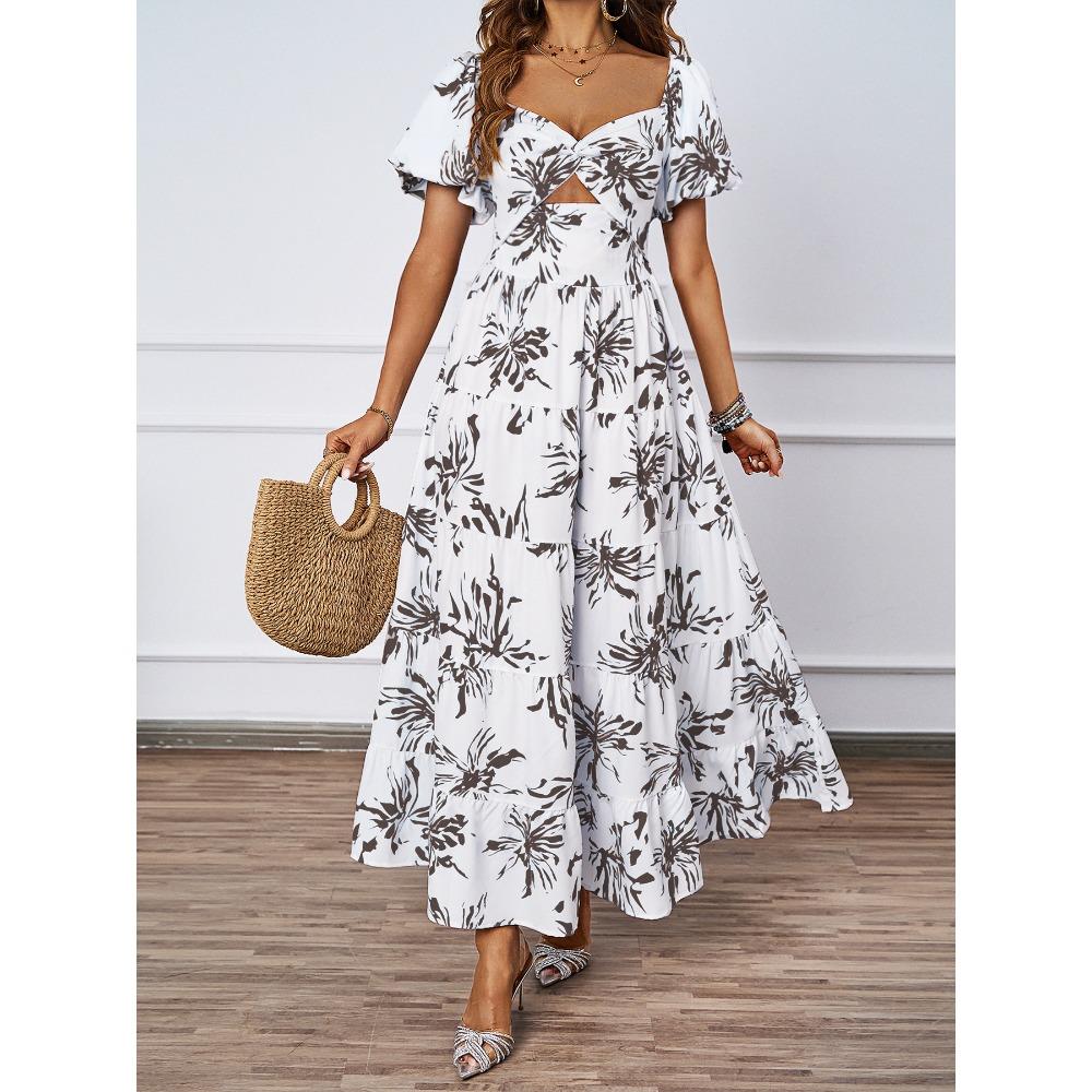 Sommerkleid für Damen, elegant, mit Blumenmuster und ausgehöhlten Schultern