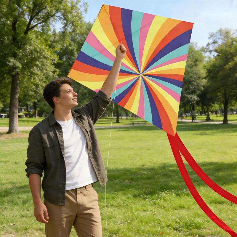 Polyester Rainbow Diamond Kite With Glass Fiber Frame For Kids Outdoor Play And Gift