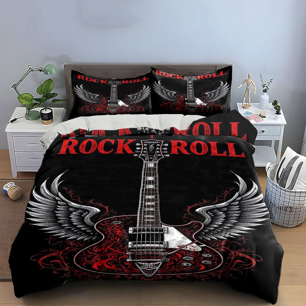 Guitar, wings, red flourishes. Bedding sets Duvet cover sets Duvet covers Pillowcases(1 * Duvet Cover 2 * Pillowcases without duvet insert)