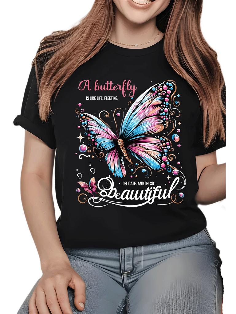 Butterfly Graphic Print TShirt for Women Casual Short Sleeve Tee Heavy Cotton Comfortable Crew Neck, Soft Adorable Tees Tops LA