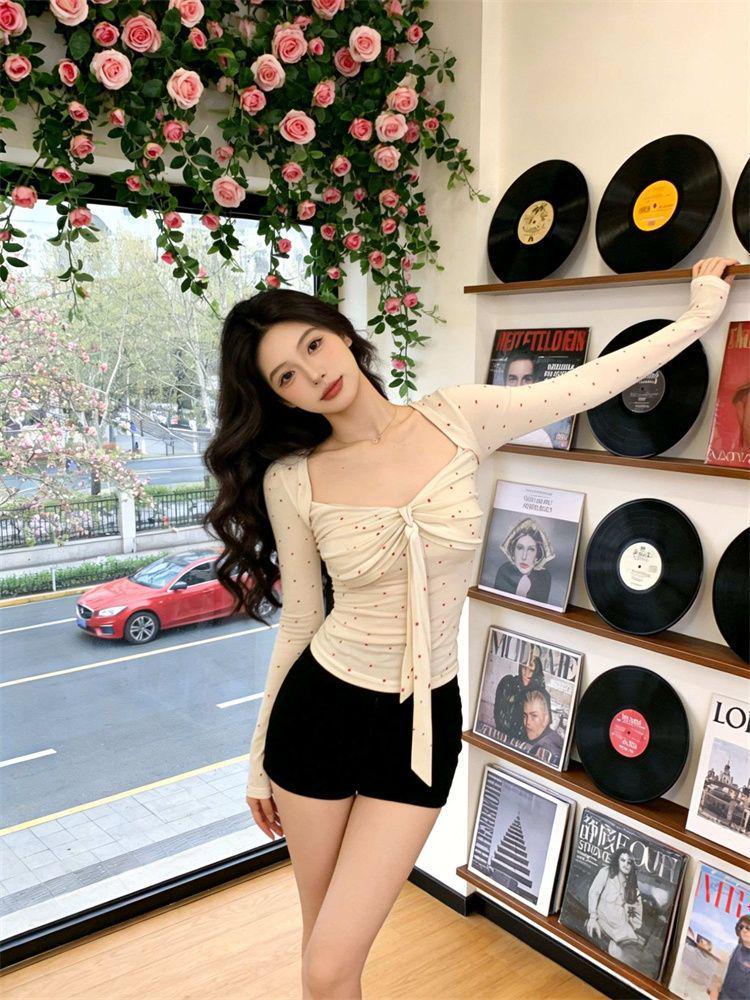Polka Dot V-neck Brushed Cotton Bow Knot Slim Fit Top for Women - Autumn/Winter