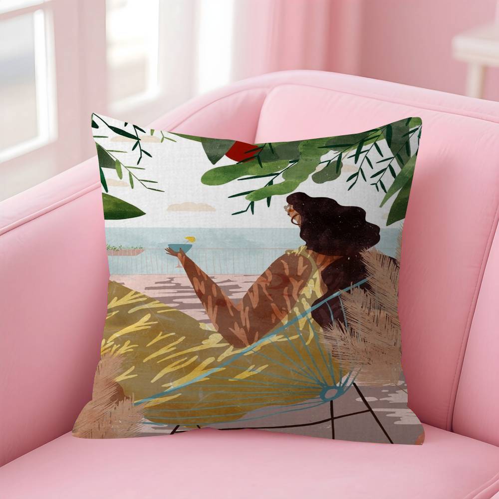 Nordic Beach Holiday Girl Pillow Gift Home Office Decoration Bedroom Sofa Car Cushion Cover Case 45x45