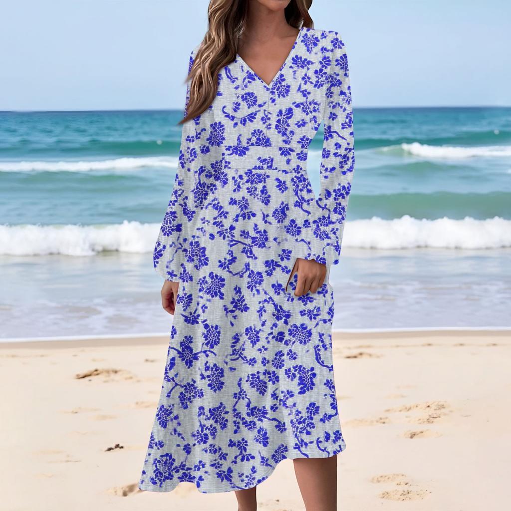 Dámské ležérní módní dlouhé šaty s květinovým potiskem, výstřihem do V a dlouhým rukávem, se zvýrazněným pasem