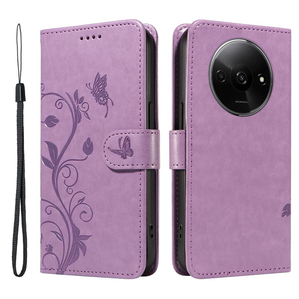 For Xiaomi Redmi A3/Poco C61 4G PU Leather Cases Flower Pattern Wallet Stand Phone Cover with Strap