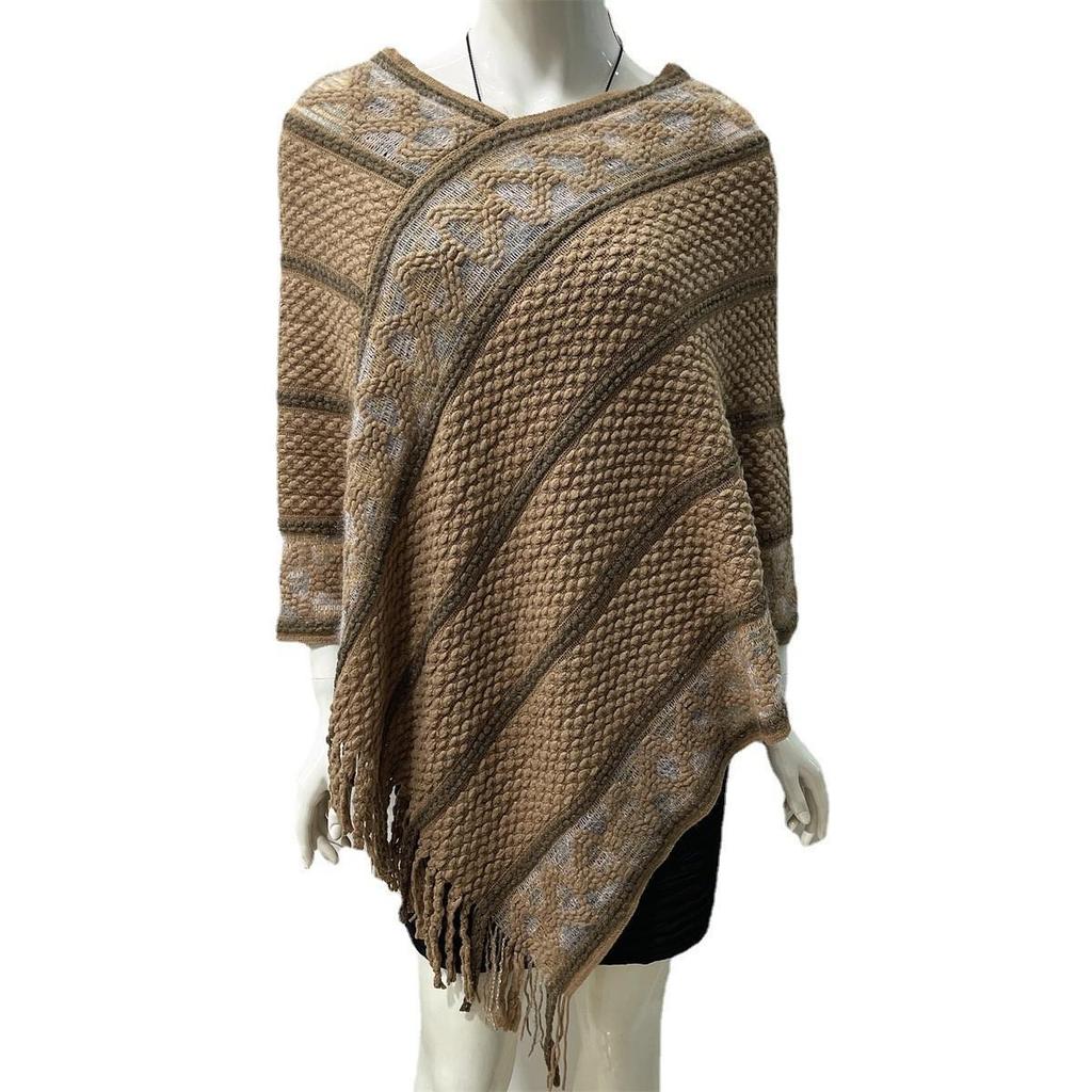 2022 Autumn/Winter Women's V-Neck Rainbow Tassel Cape Sweater