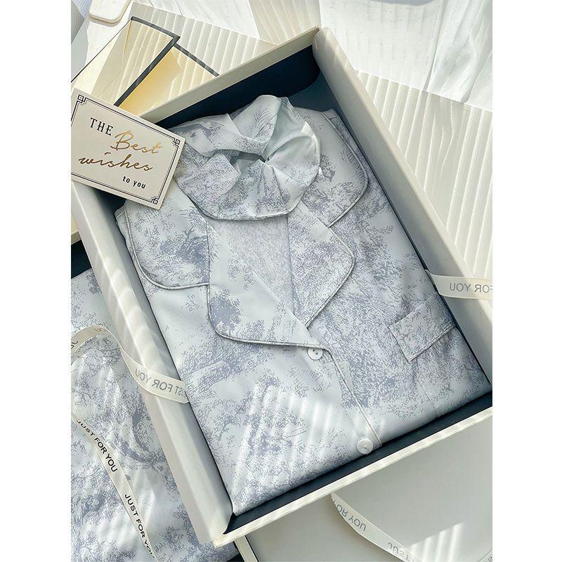 Damenpyjama im koreanischen Stil aus Seidenimitat - Langärmeliges zweiteiliges Set mit Tuschemalerei für Frühling und Herbst