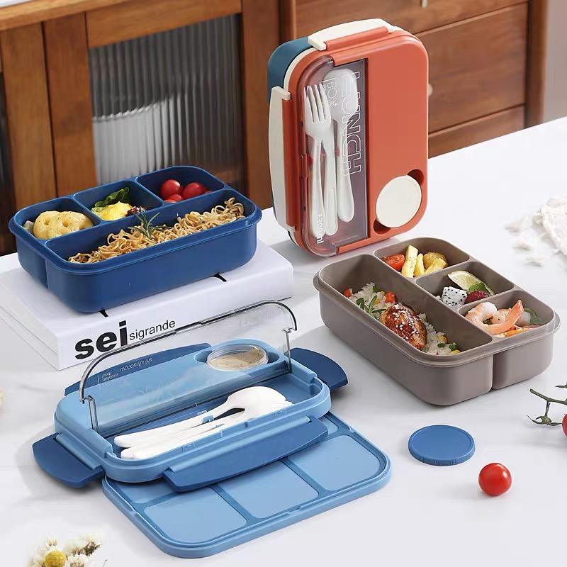 1300ml Plastic Lunch Box 4 Grid Sauce Dish Microwave Safe Bento Box with Spoon Fork Knife Portable Student Office Food Container
