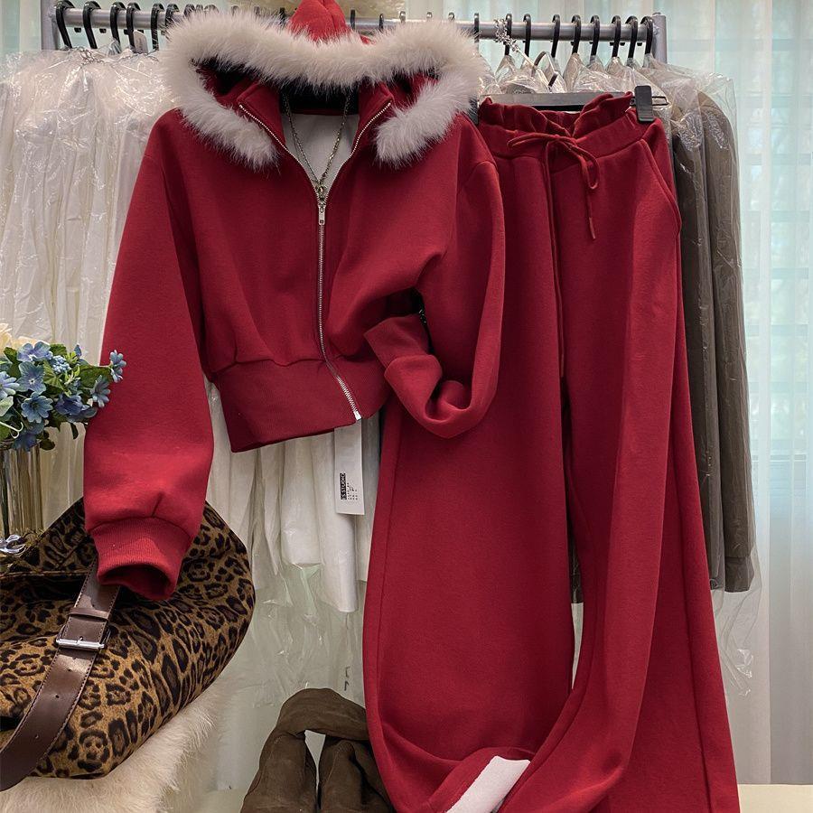 

Women s Korean Gray Fleece Sweatshirt Set - Hooded Fur Collar Zip-Up Jacket & Wide-Leg Pants for Autumn/Winter XL красный